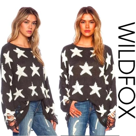 💥ICONIC💥Wildfox Seeing Stars Distressed Lennon Sweater in Vintage Dirty Black - Picture 1 of 12